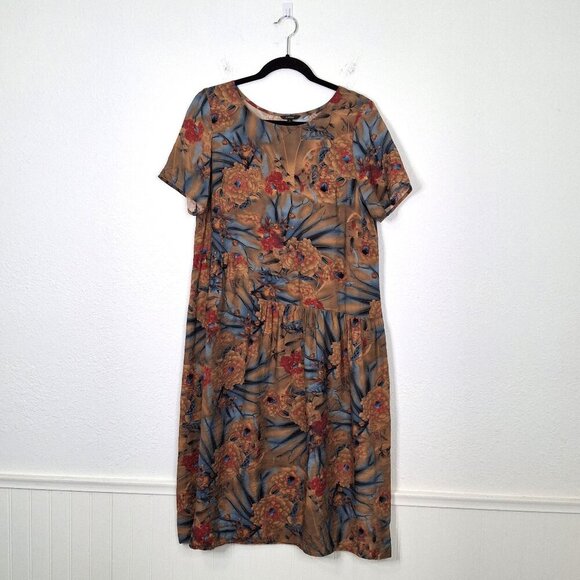 Floryday Floral Babydoll Midi Dress Sz L Mumu Colorful Art-to-Wear Boho 90s - Picture 1 of 14